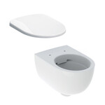 Wisząca miska WC Selnova Compact Premium lejowa, B35.5 cm, H33 cm, T49 cm, krótka, ukryte mocowania, Rimfree Deska sedesowa WC wolnoopadająca Selnova mocowanie od góry, antybakteryjna biała